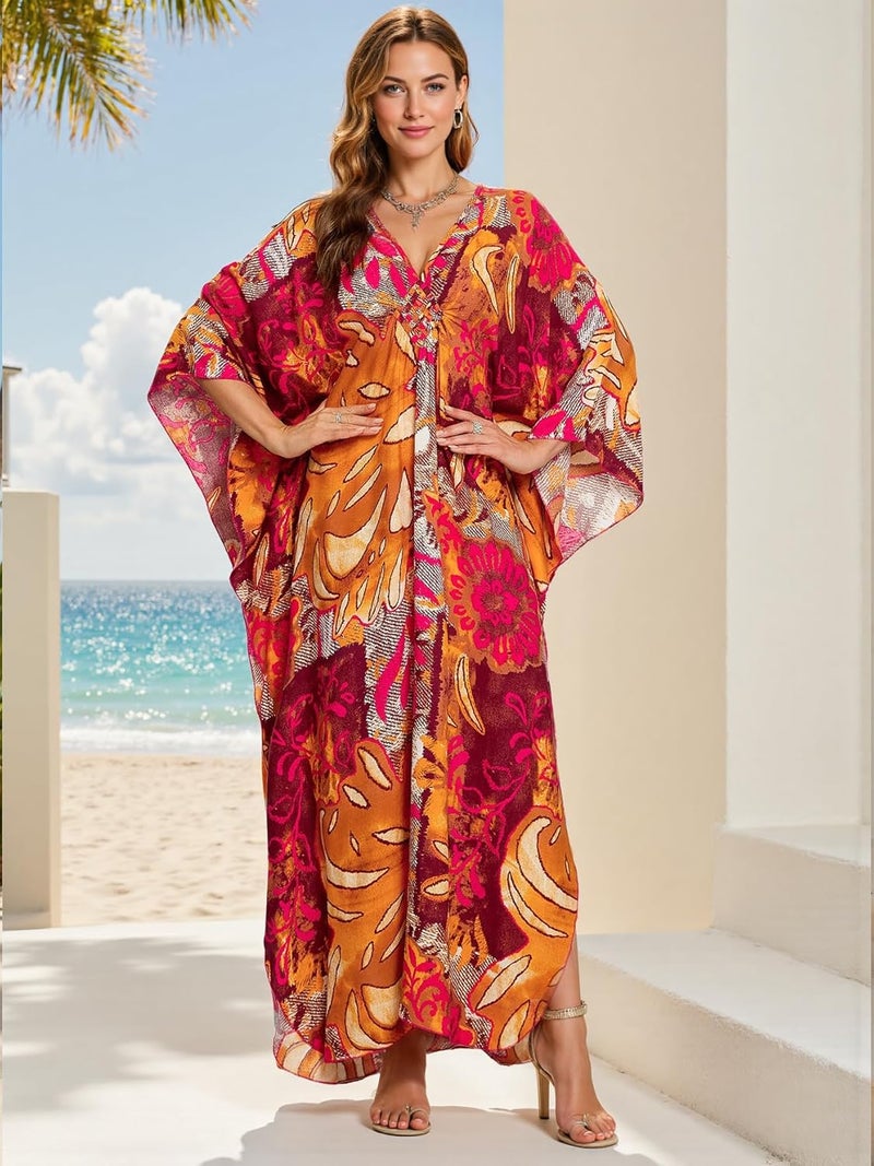 IMAGEKOPE Women's Plus Size Animal Print V-Neck Batwing Kaftan Beach Dress Bathing Suit Cover-Up Loungewear - Image 2